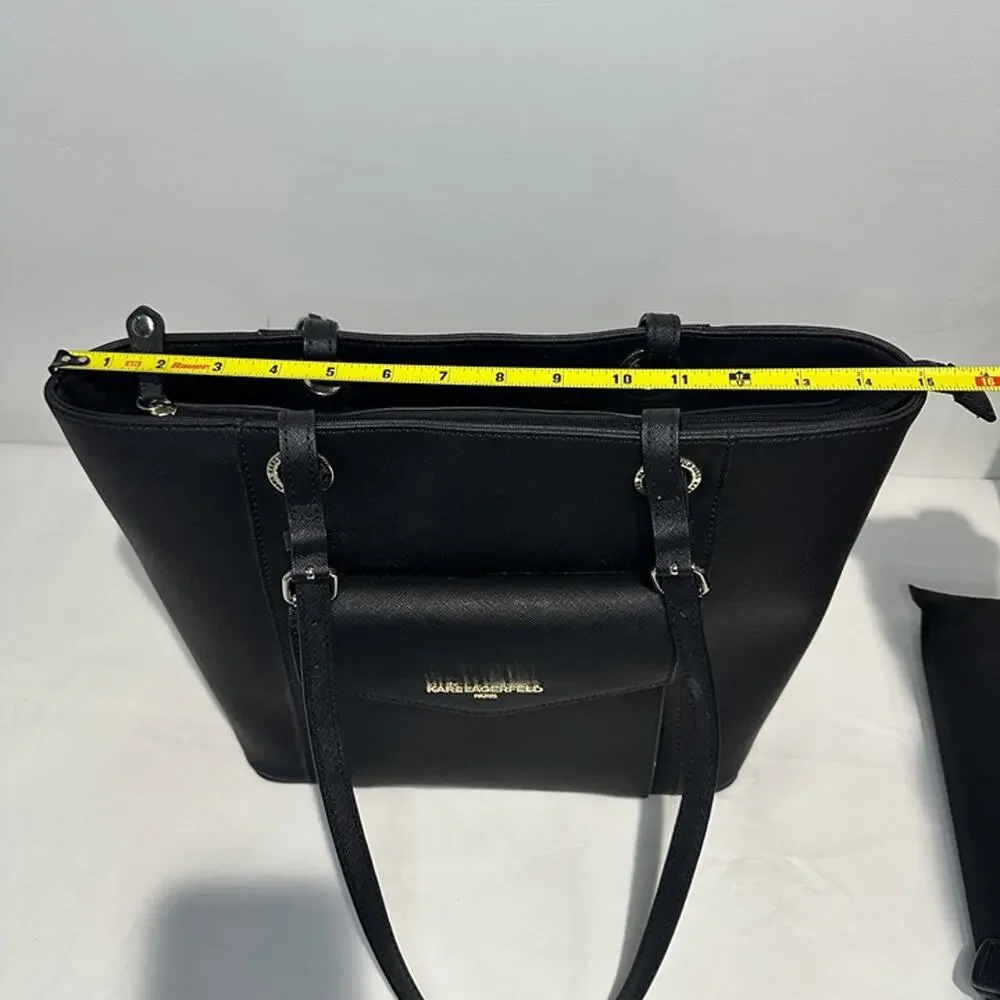 Karl Lagerfeld Black Saffiano Leather Tote Handbag Purse - Adjustable Straps - Picture 8 of 12